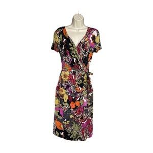 Max Mara Size M Floral Animal Print Faux Wrap Knee-Length Dress Stretchy Belted